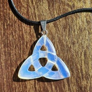 Opalite Crystal Triquetra Pendant Necklace Celtic Knot Irish Carving